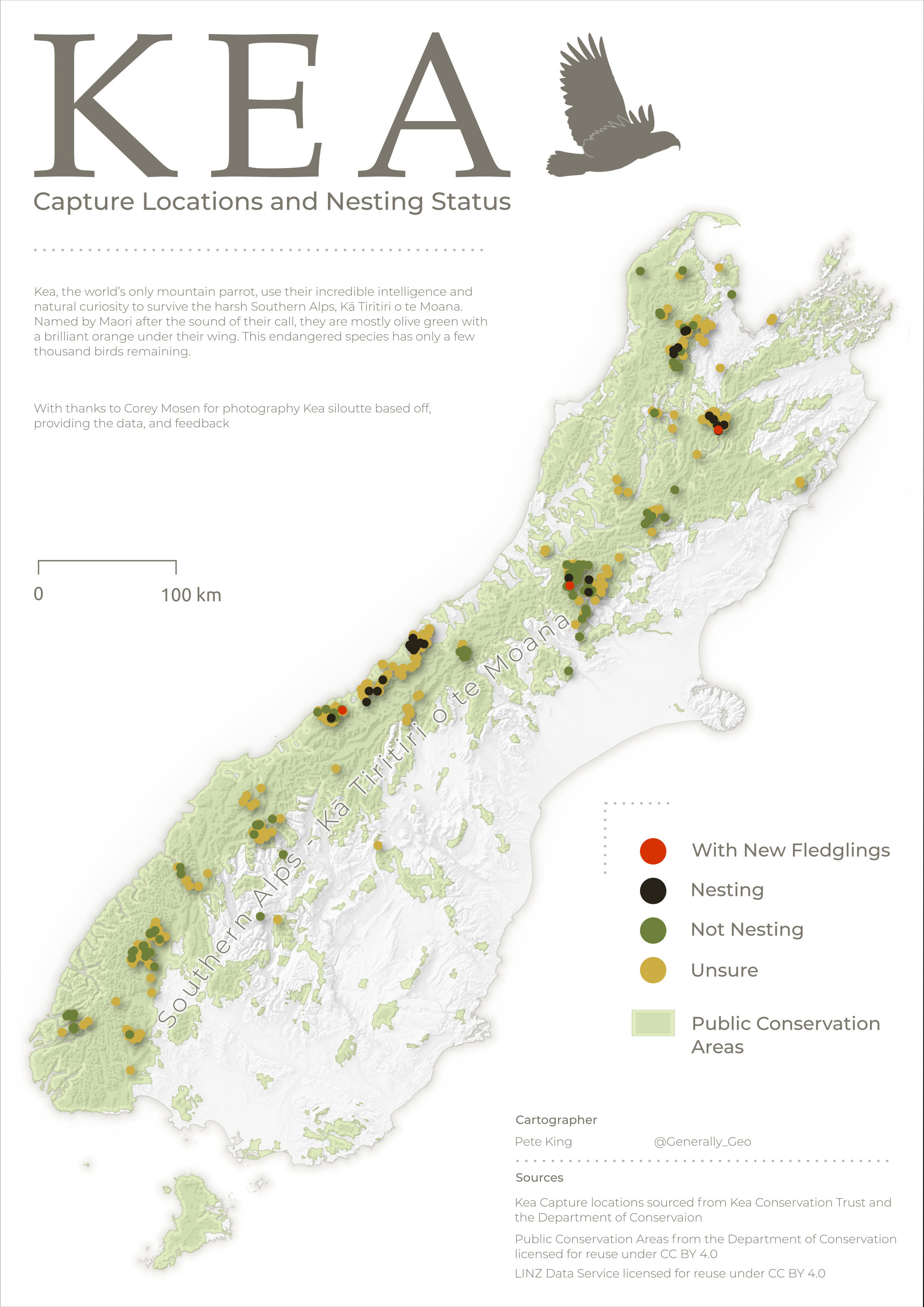 Kea Capture Locations and Nesting Status